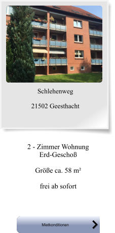 2 - Zimmer Wohnung Erd-Geschoß  Größe ca. 58 m²  frei ab sofort Mietkonditionen Mietkonditionen Schlehenweg  21502 Geesthacht